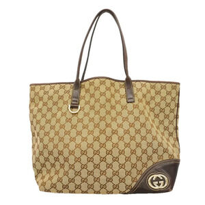 Gucci Britt GG Canvas Leather Tote Shoulder Bag Tan Brown